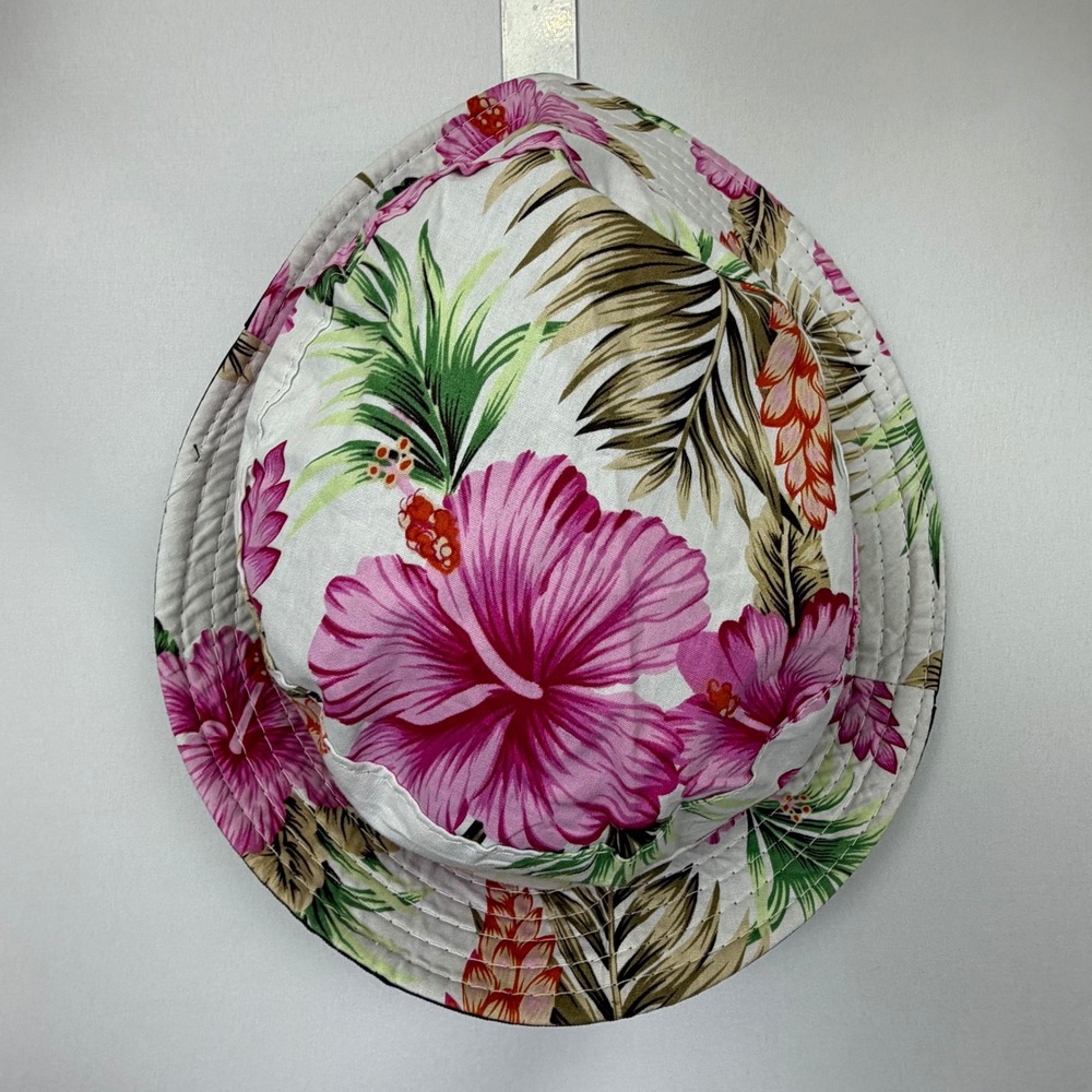 Tropical Hibiscus Floral Bucket Hat Pink White Green Sun Hat Summer Beach
